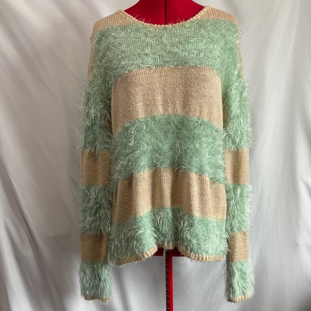 Rehab Fuzzy Mint and Beige Striped Sweater SM353